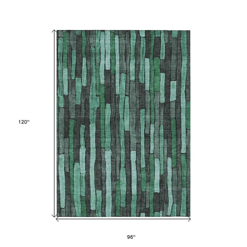 8' X 10' Sage Teal Blue And Emerald Striped Washable Indoor Outdoor Area Rug