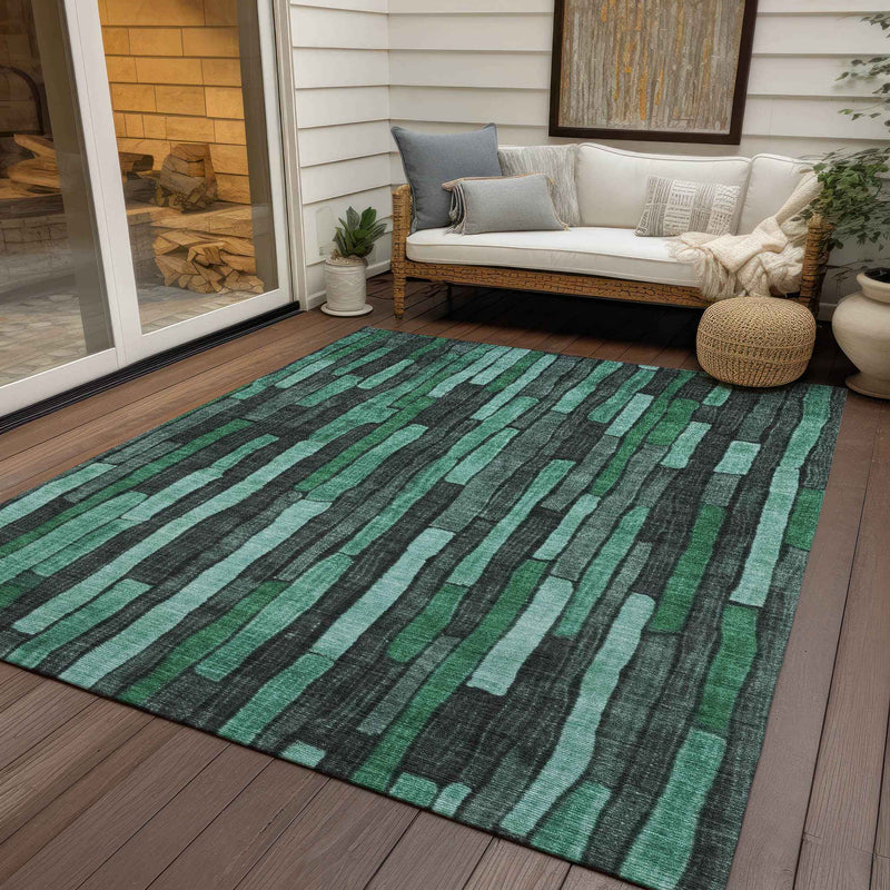 8' X 10' Sage Teal Blue And Emerald Striped Washable Indoor Outdoor Area Rug