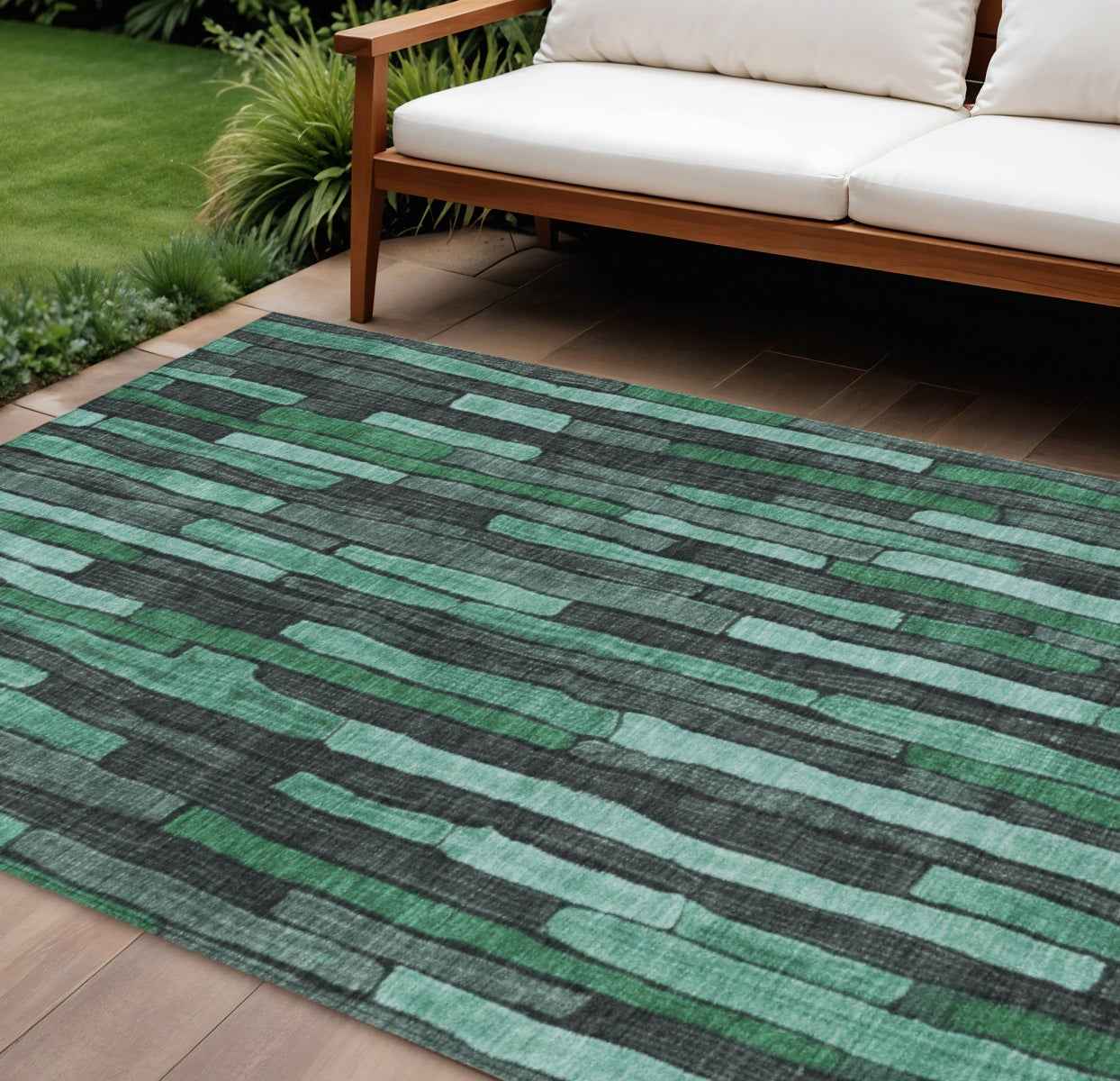 8' X 10' Sage Teal Blue And Emerald Striped Washable Indoor Outdoor Area Rug