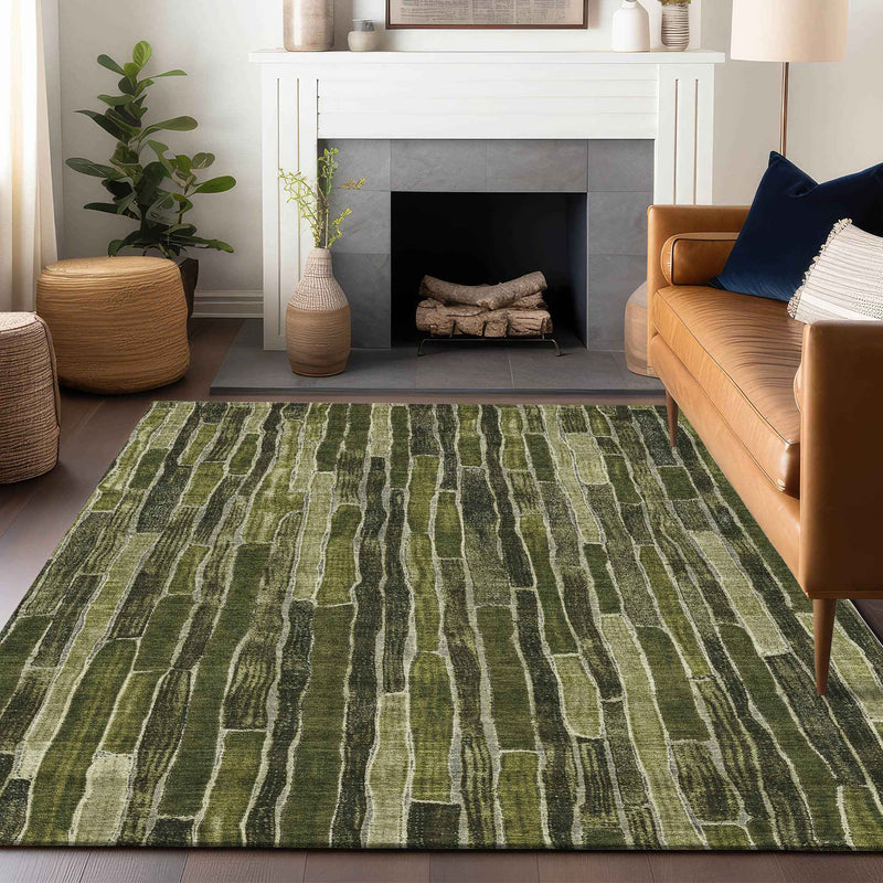 3' X 5' Olive Green And Dark Olive Green Striped Washable Indoor Outdoor Area Rug