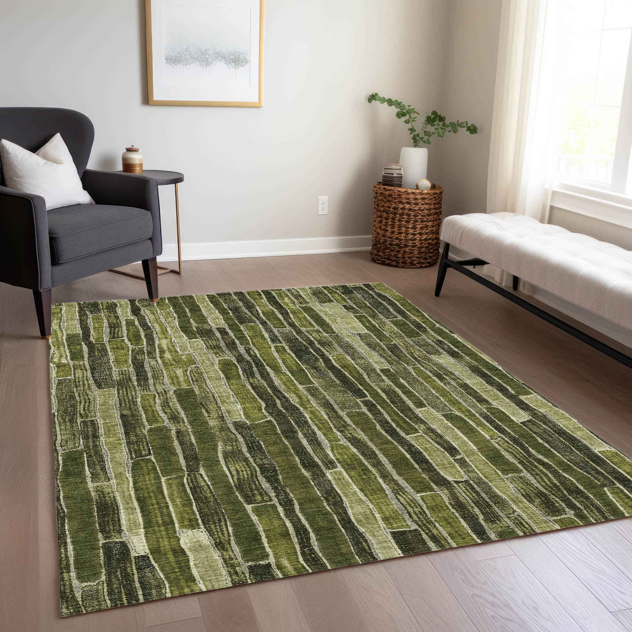3' X 5' Olive Green And Dark Olive Green Striped Washable Indoor Outdoor Area Rug