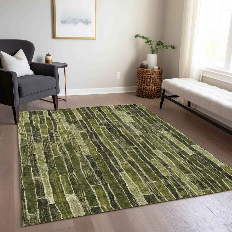 3' X 5' Olive Green And Dark Olive Green Striped Washable Indoor Outdoor Area Rug