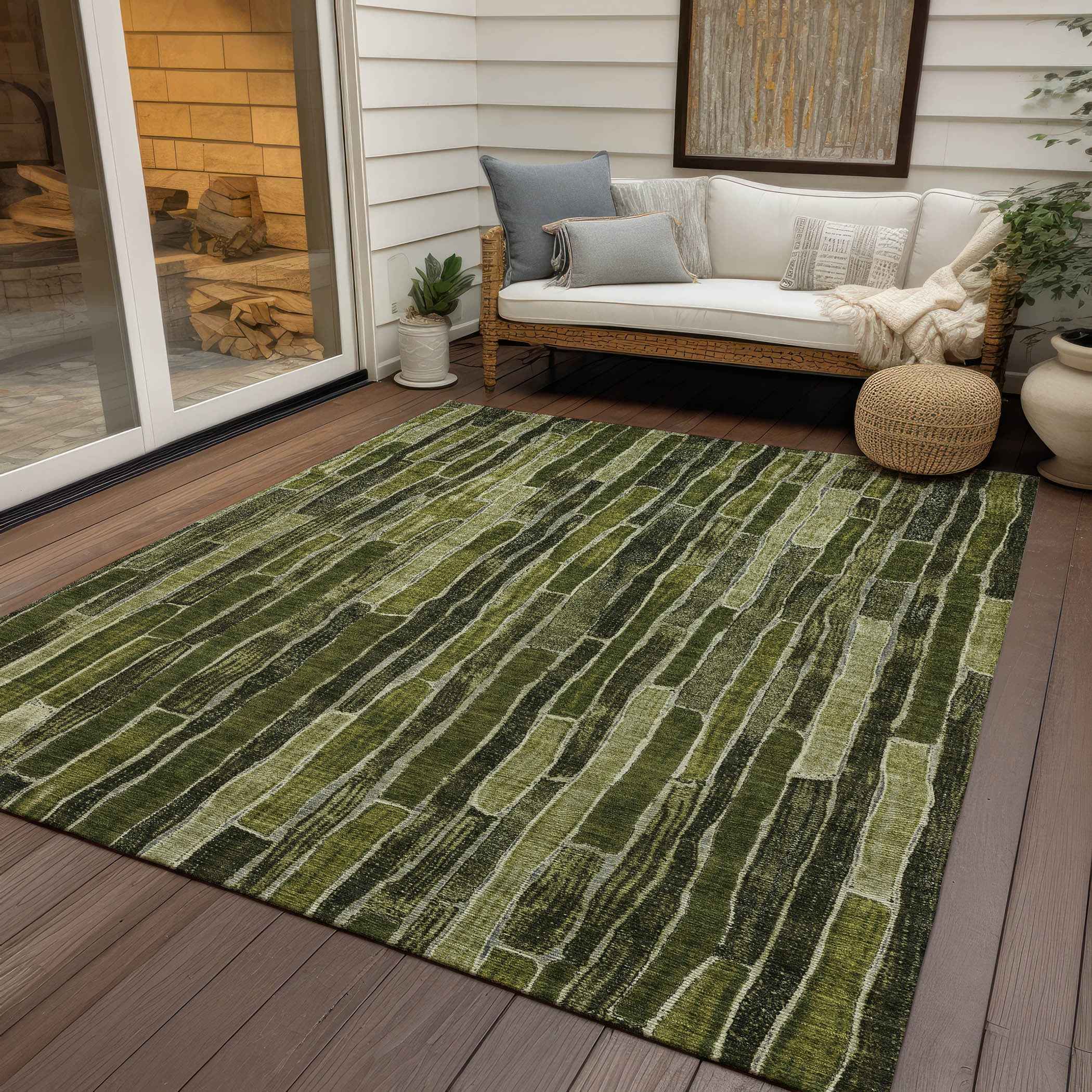 3' X 5' Olive Green And Dark Olive Green Striped Washable Indoor Outdoor Area Rug