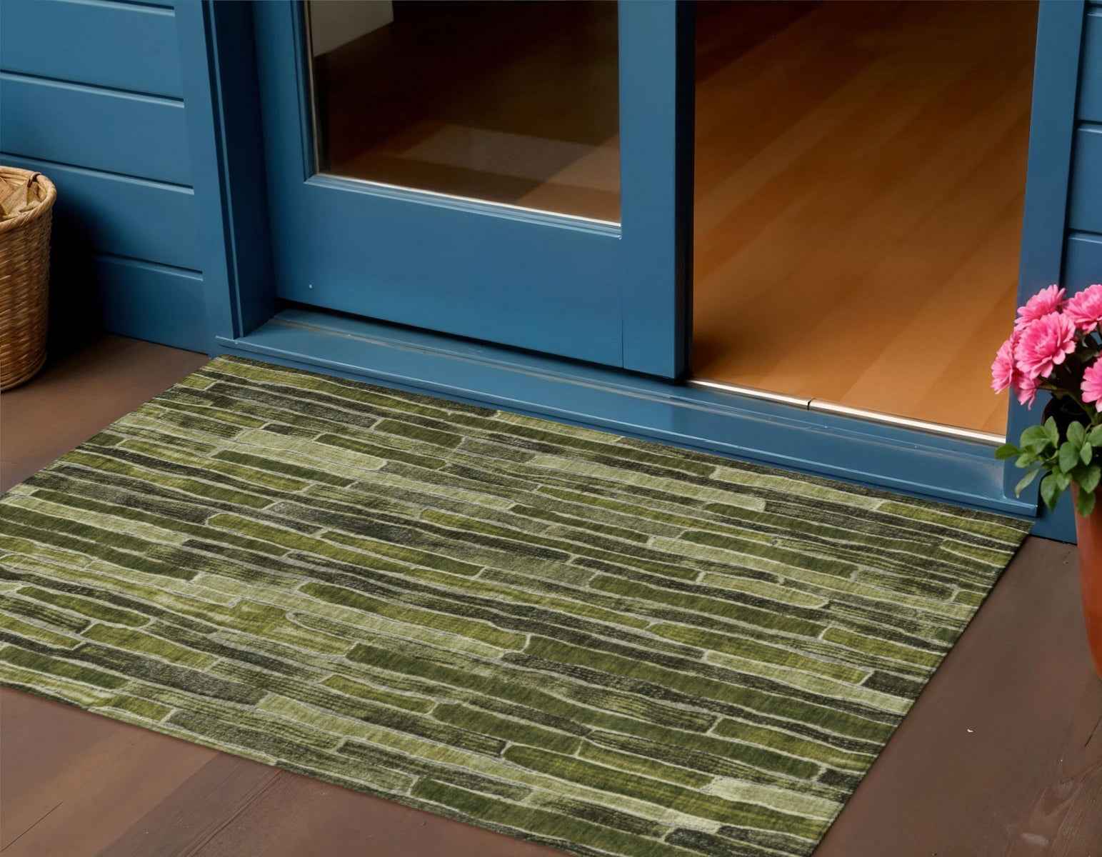 3' X 5' Olive Green And Dark Olive Green Striped Washable Indoor Outdoor Area Rug