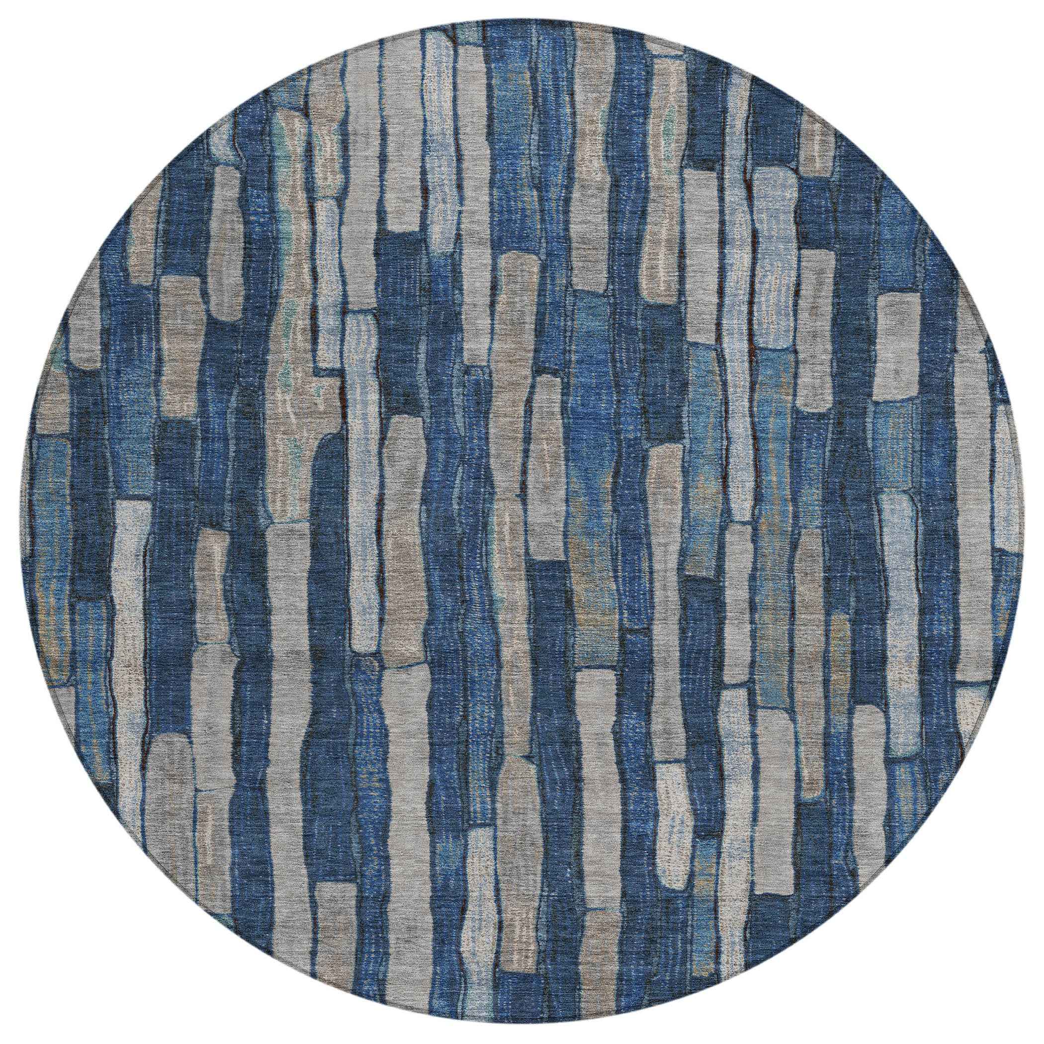 8' Navy Blue And Denim Blue Round Striped Washable Indoor Outdoor Area Rug