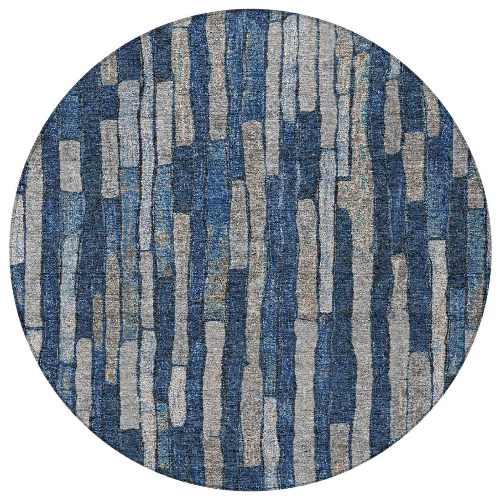 8' Navy Blue And Denim Blue Round Striped Washable Indoor Outdoor Area Rug