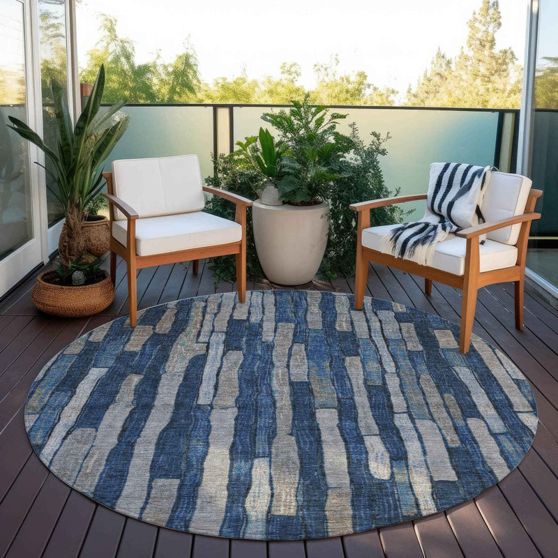 8' Navy Blue And Denim Blue Round Striped Washable Indoor Outdoor Area Rug
