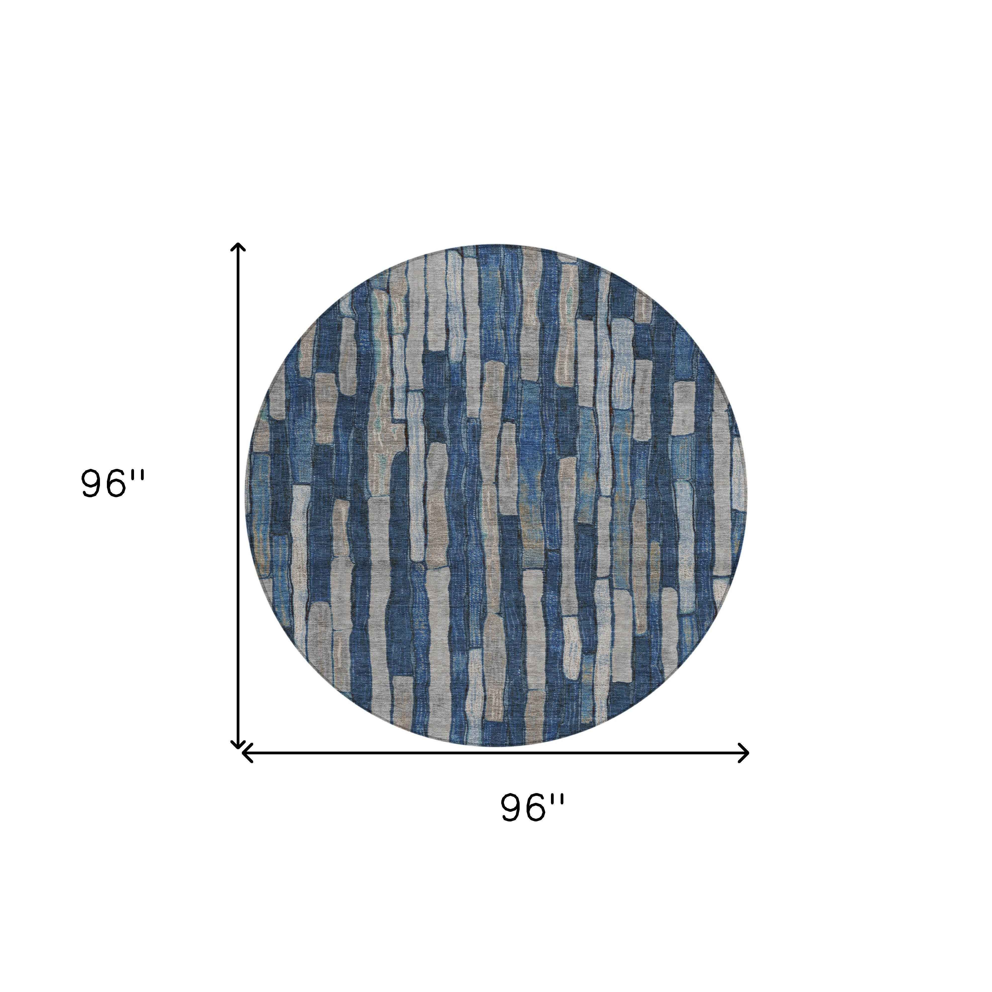 8' Navy Blue And Denim Blue Round Striped Washable Indoor Outdoor Area Rug