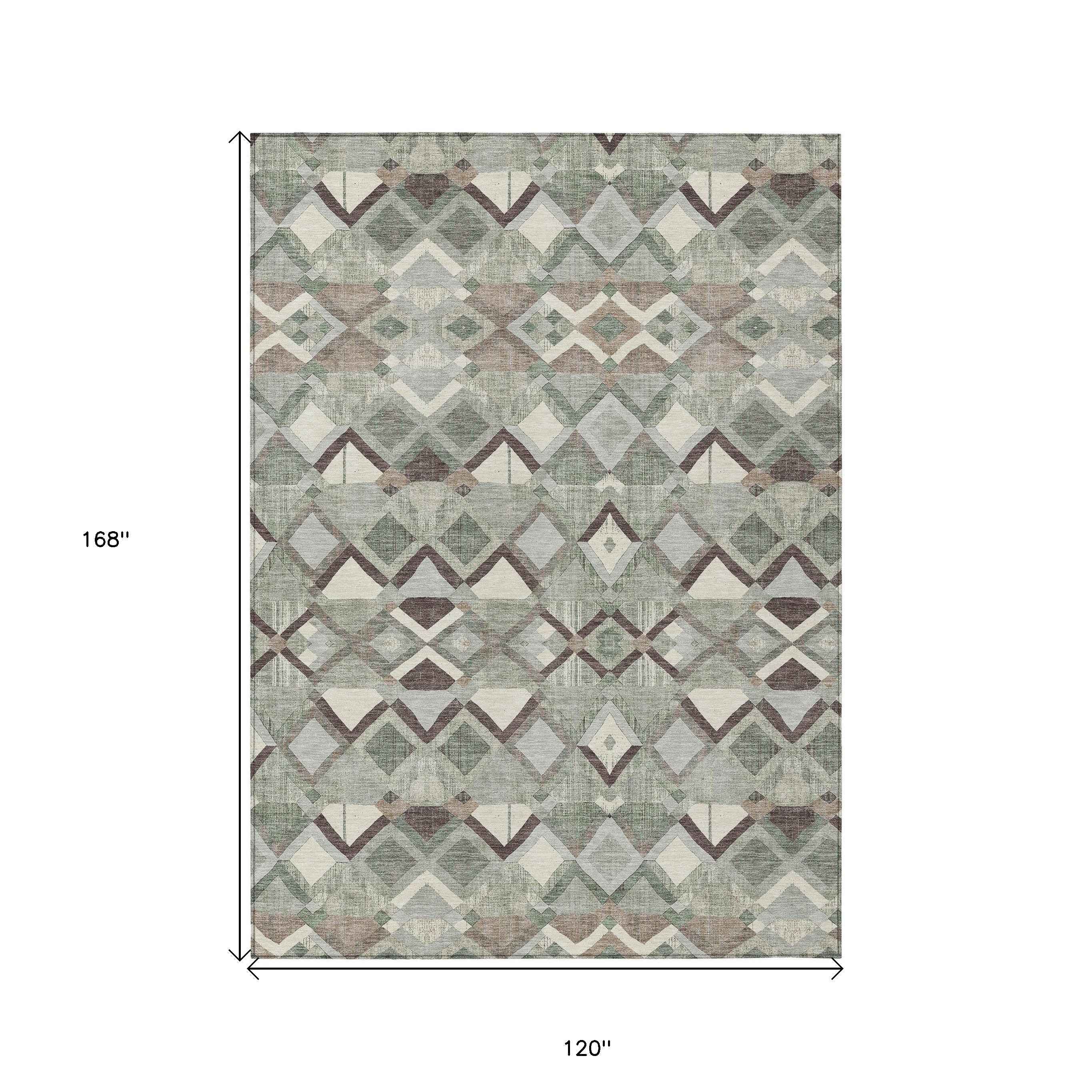 10' X 14' Sage And Off White Geometric Washable Indoor Outdoor Area Rug