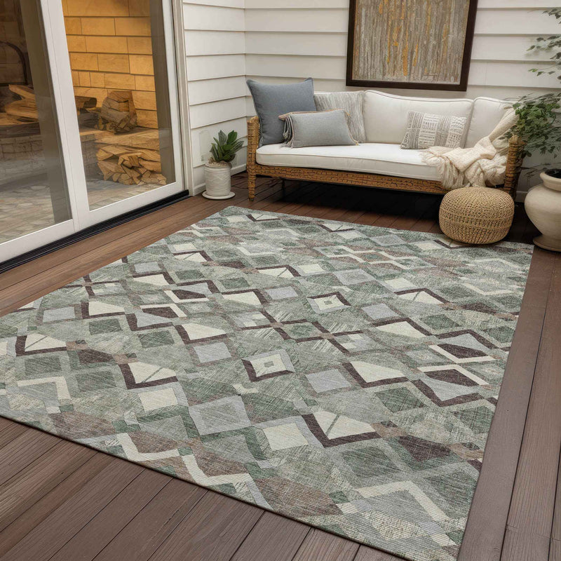 10' X 14' Sage And Off White Geometric Washable Indoor Outdoor Area Rug
