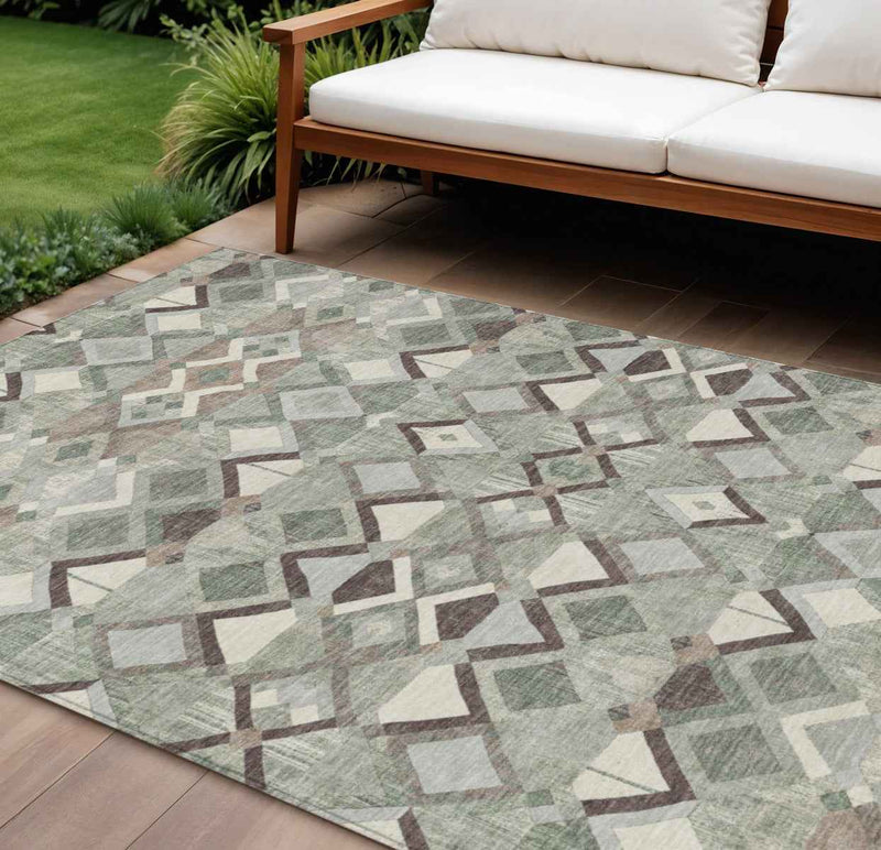 10' X 14' Sage And Off White Geometric Washable Indoor Outdoor Area Rug