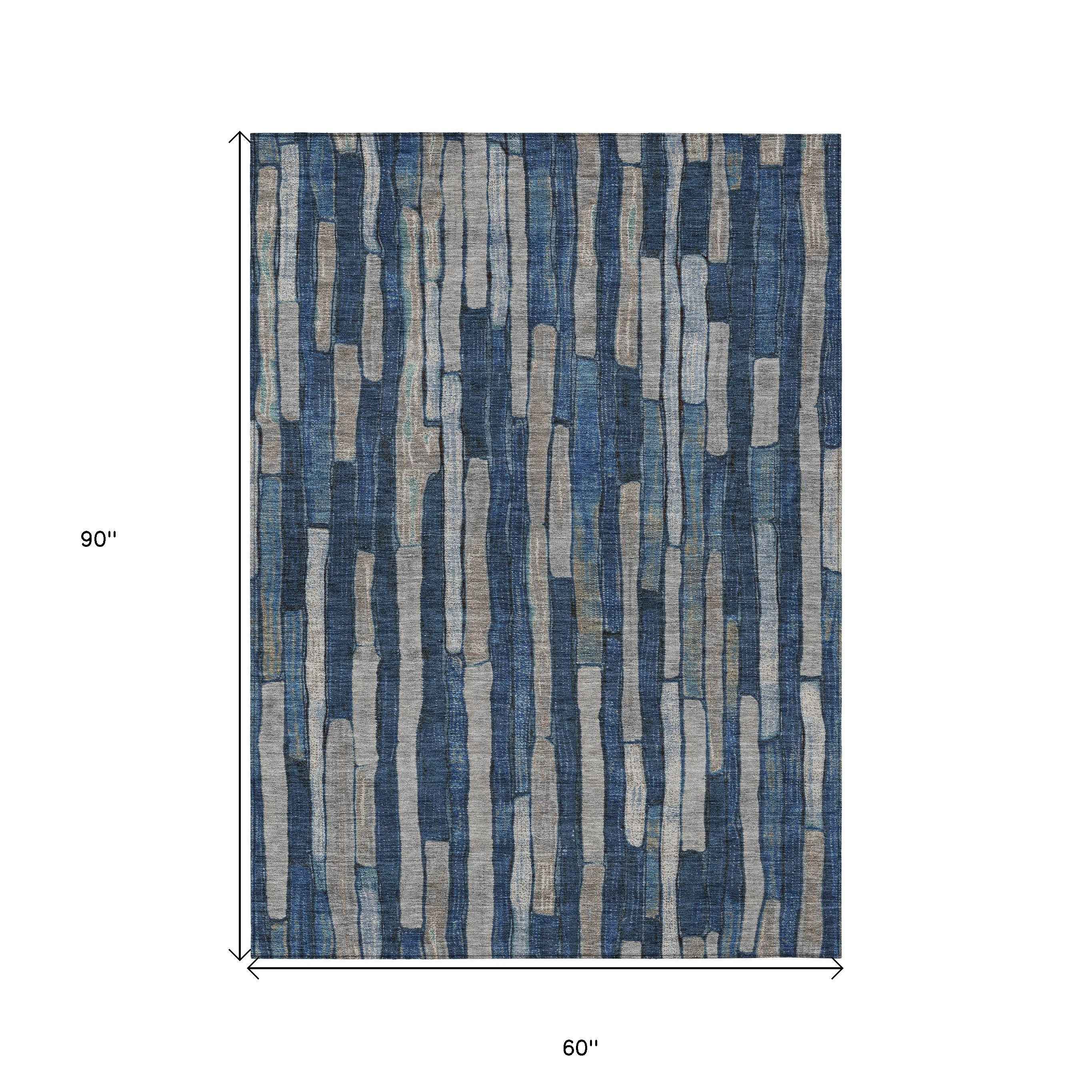 5' X 8' Navy Blue And Denim Blue Striped Washable Indoor Outdoor Area Rug