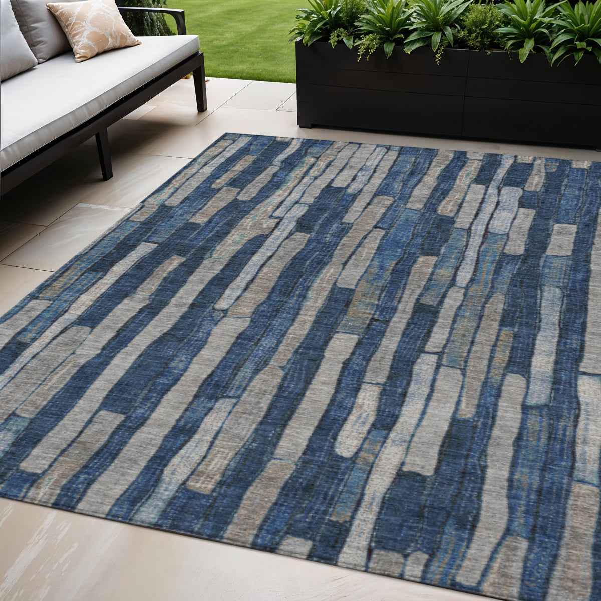 5' X 8' Navy Blue And Denim Blue Striped Washable Indoor Outdoor Area Rug