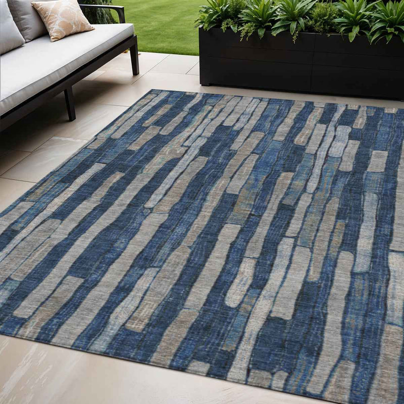5' X 8' Navy Blue And Denim Blue Striped Washable Indoor Outdoor Area Rug