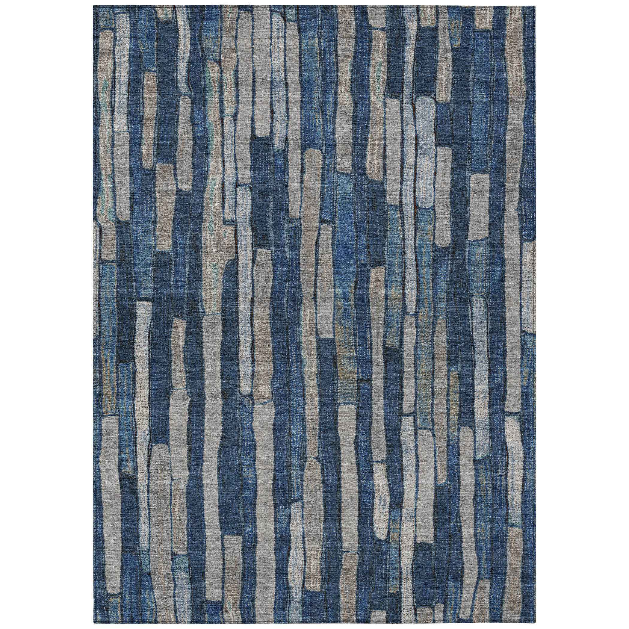 5' X 8' Navy Blue And Denim Blue Striped Washable Indoor Outdoor Area Rug