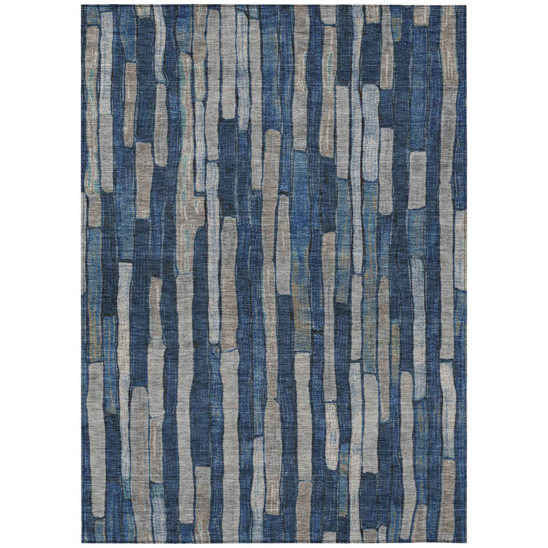 5' X 8' Navy Blue And Denim Blue Striped Washable Indoor Outdoor Area Rug