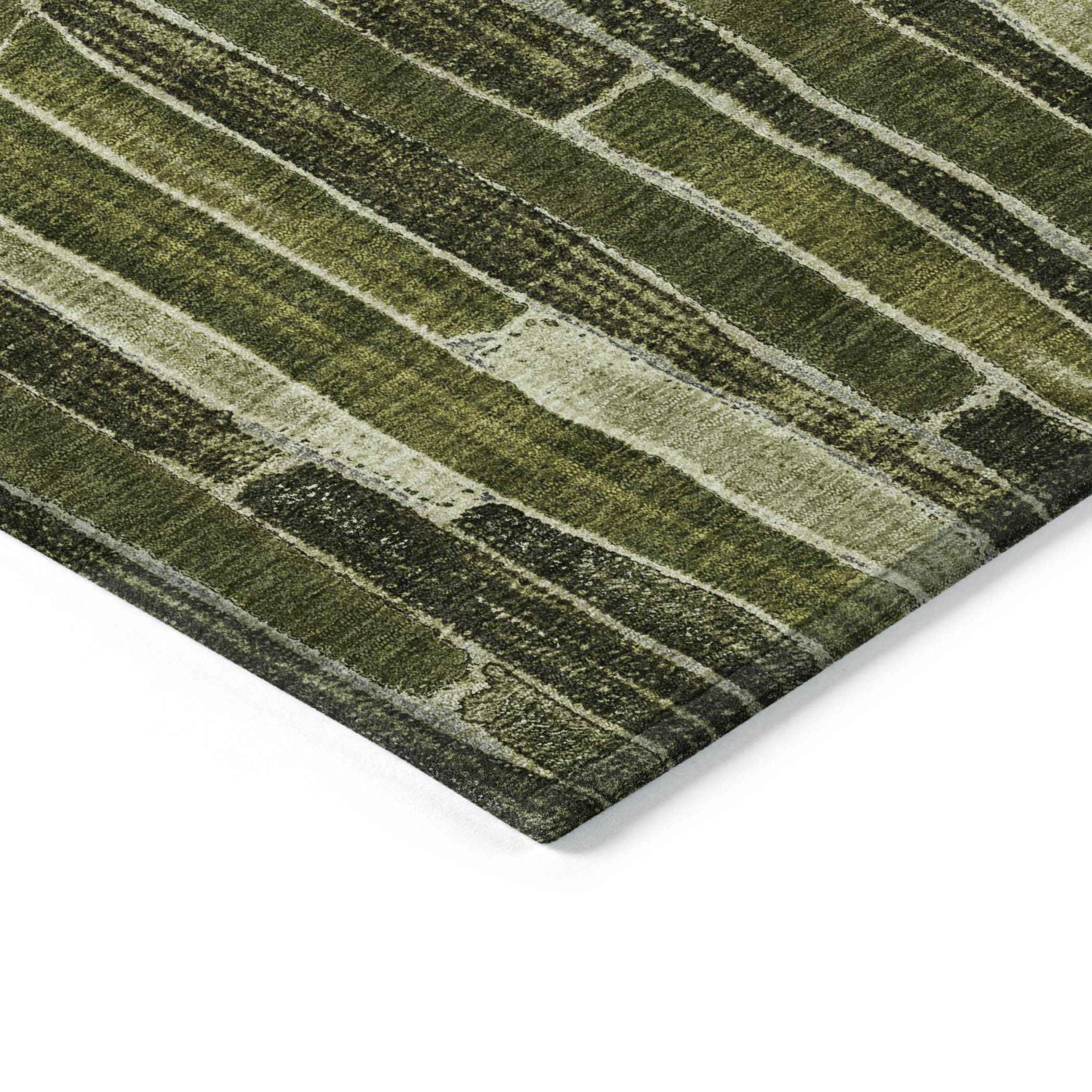 8' X 10' Olive Green And Dark Olive Green Striped Washable Indoor Outdoor Area Rug