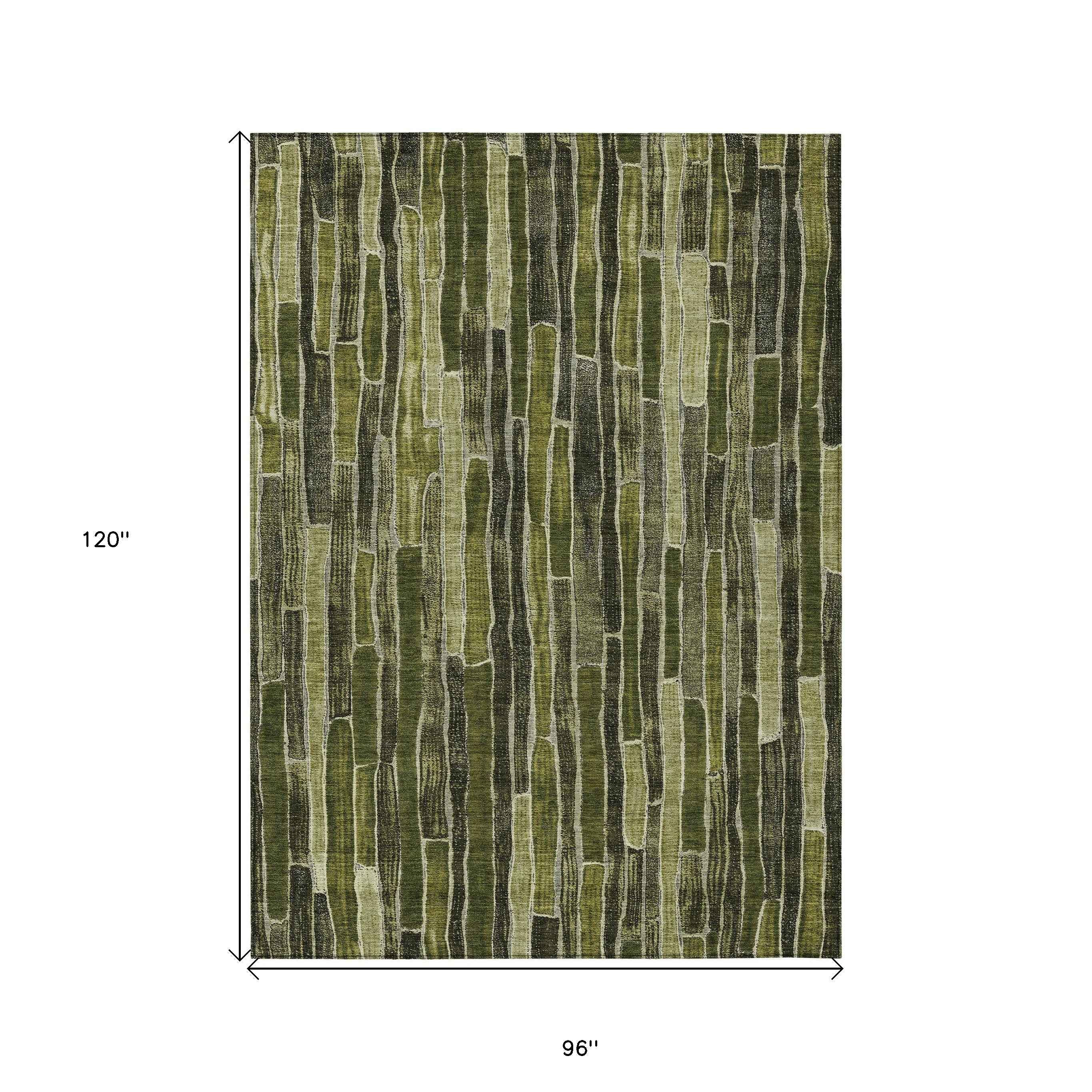 8' X 10' Olive Green And Dark Olive Green Striped Washable Indoor Outdoor Area Rug