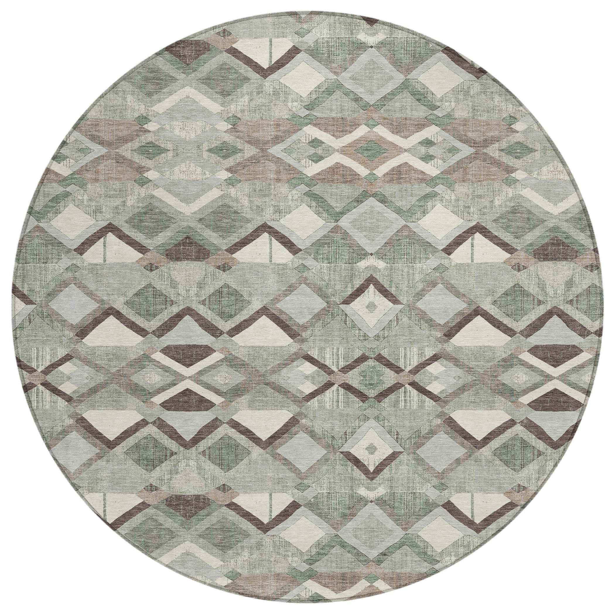 8' Sage And Off White Round Geometric Washable Indoor Outdoor Area Rug