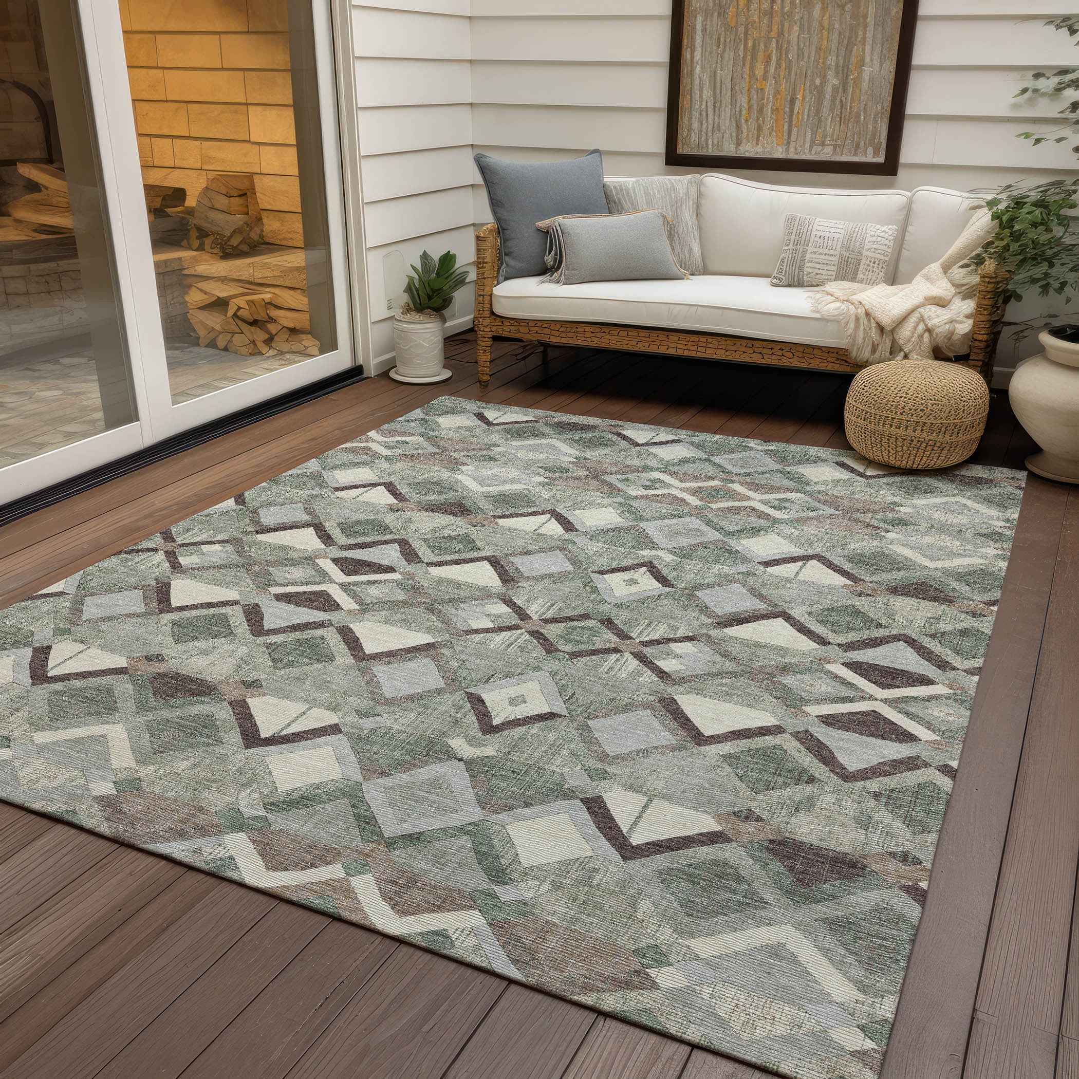 8' X 10' Sage And Off White Geometric Washable Indoor Outdoor Area Rug