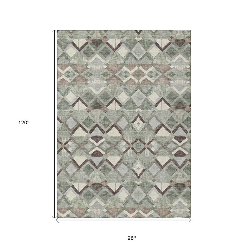 8' X 10' Sage And Off White Geometric Washable Indoor Outdoor Area Rug