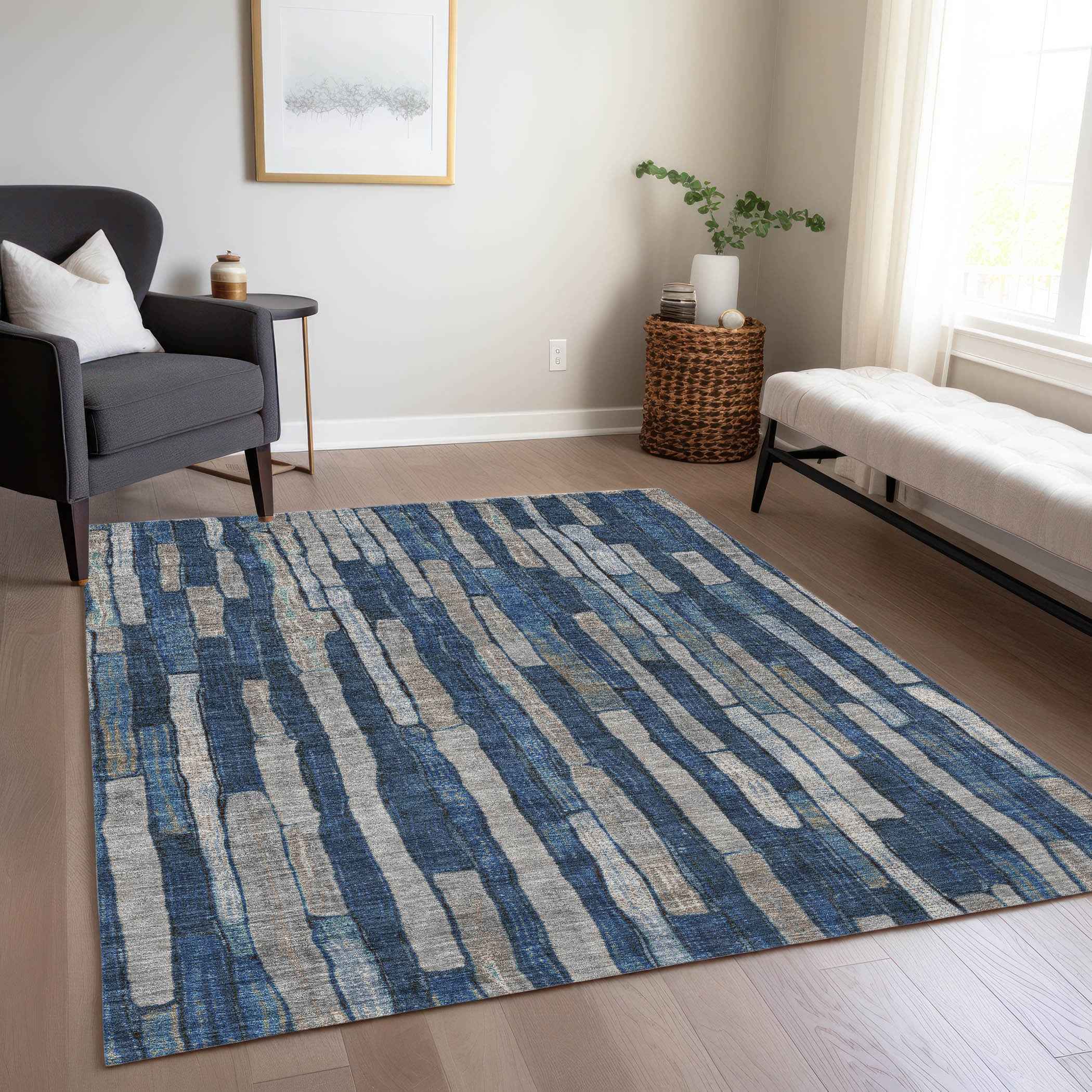 8' X 10' Navy Blue And Denim Blue Striped Washable Indoor Outdoor Area Rug