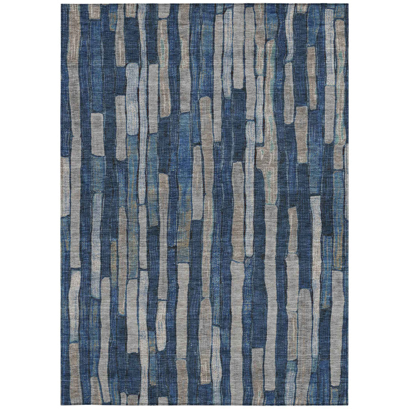 8' X 10' Navy Blue And Denim Blue Striped Washable Indoor Outdoor Area Rug