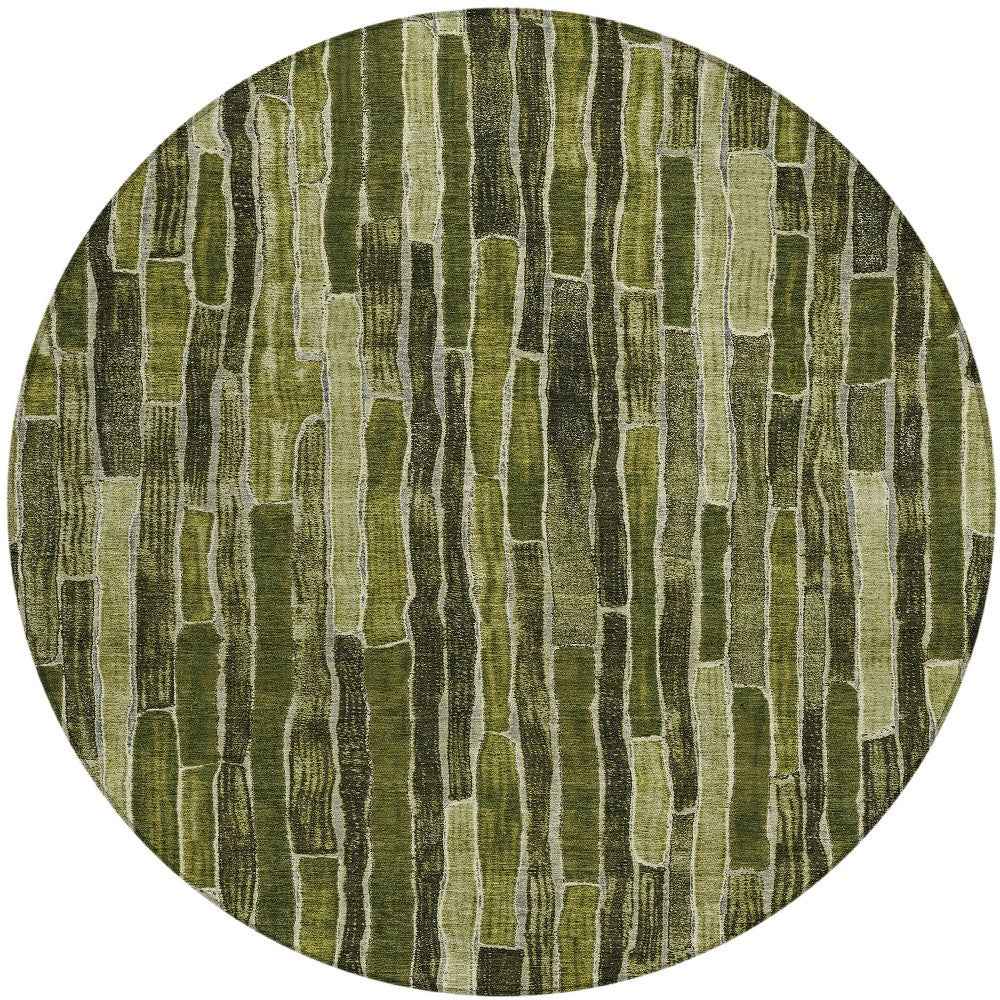 8' Olive Green And Dark Olive Green Round Striped Washable Indoor Outdoor Area Rug