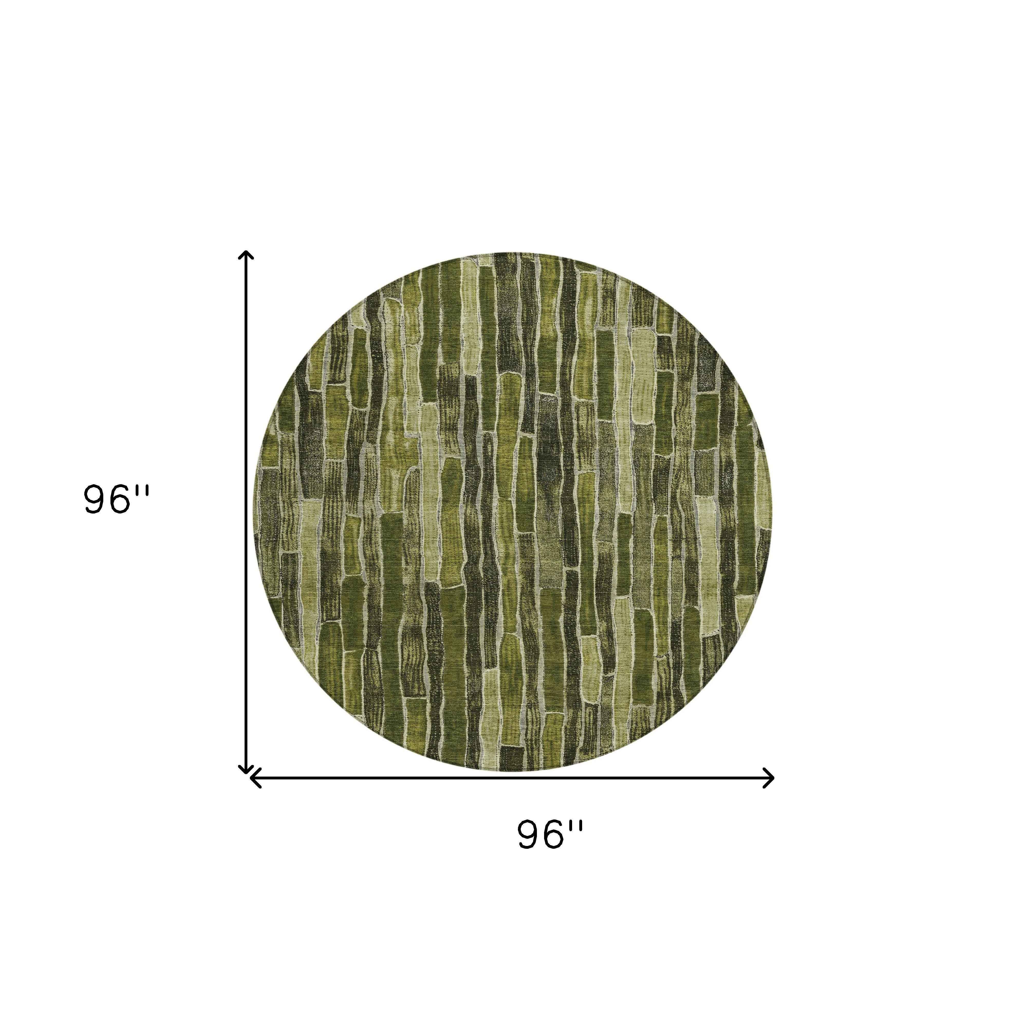 8' Olive Green And Dark Olive Green Round Striped Washable Indoor Outdoor Area Rug
