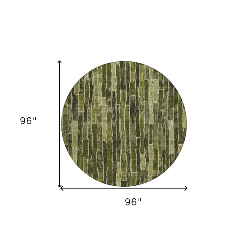 8' Olive Green And Dark Olive Green Round Striped Washable Indoor Outdoor Area Rug