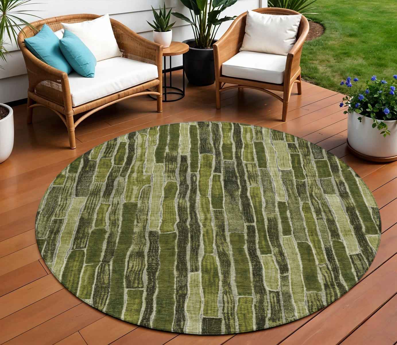 8' Olive Green And Dark Olive Green Round Striped Washable Indoor Outdoor Area Rug