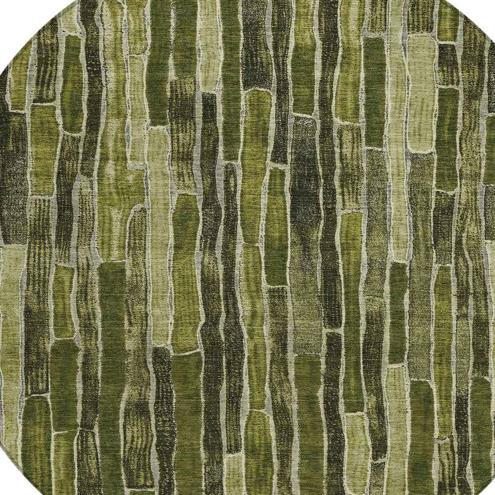 8' Olive Green And Dark Olive Green Round Striped Washable Indoor Outdoor Area Rug