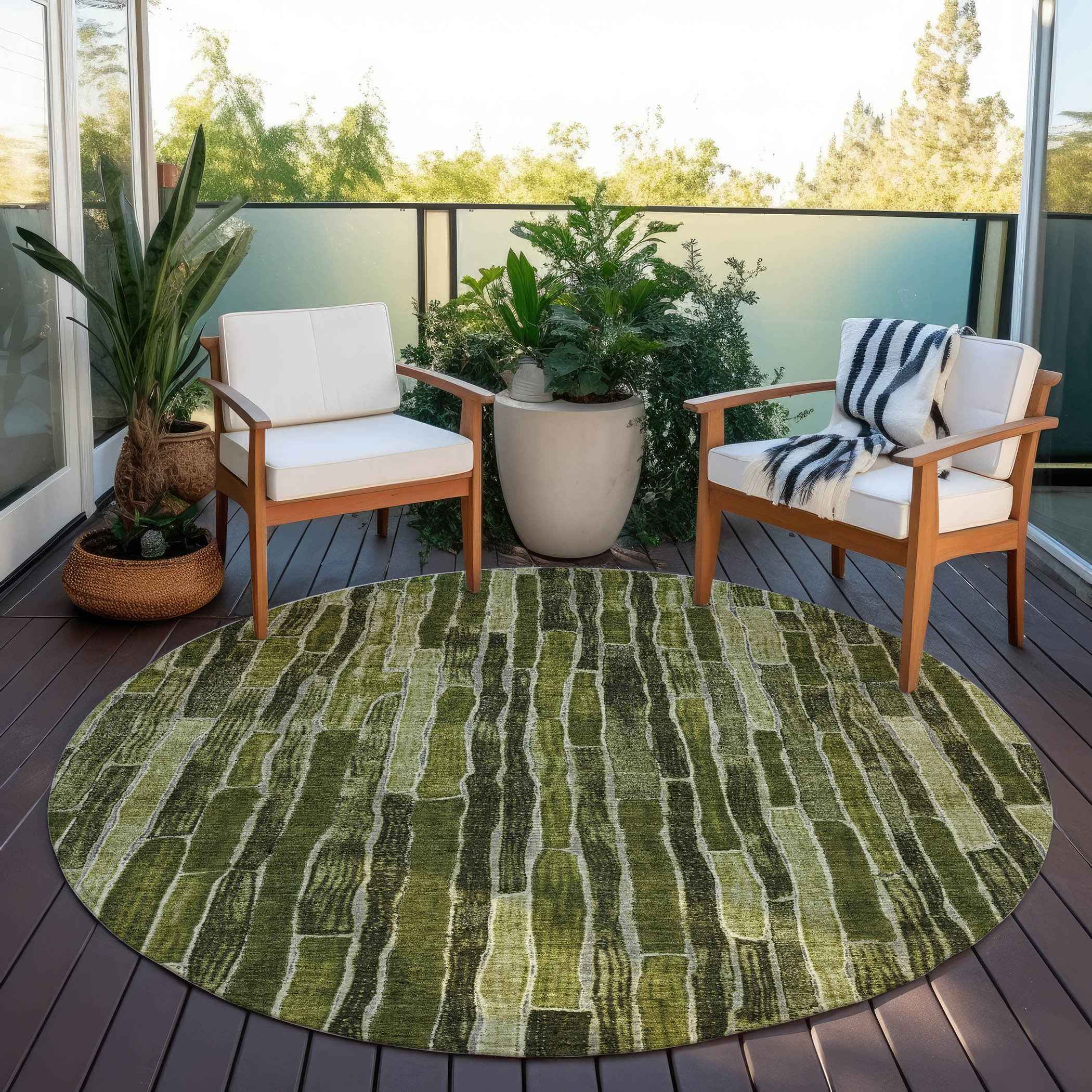 8' Olive Green And Dark Olive Green Round Striped Washable Indoor Outdoor Area Rug
