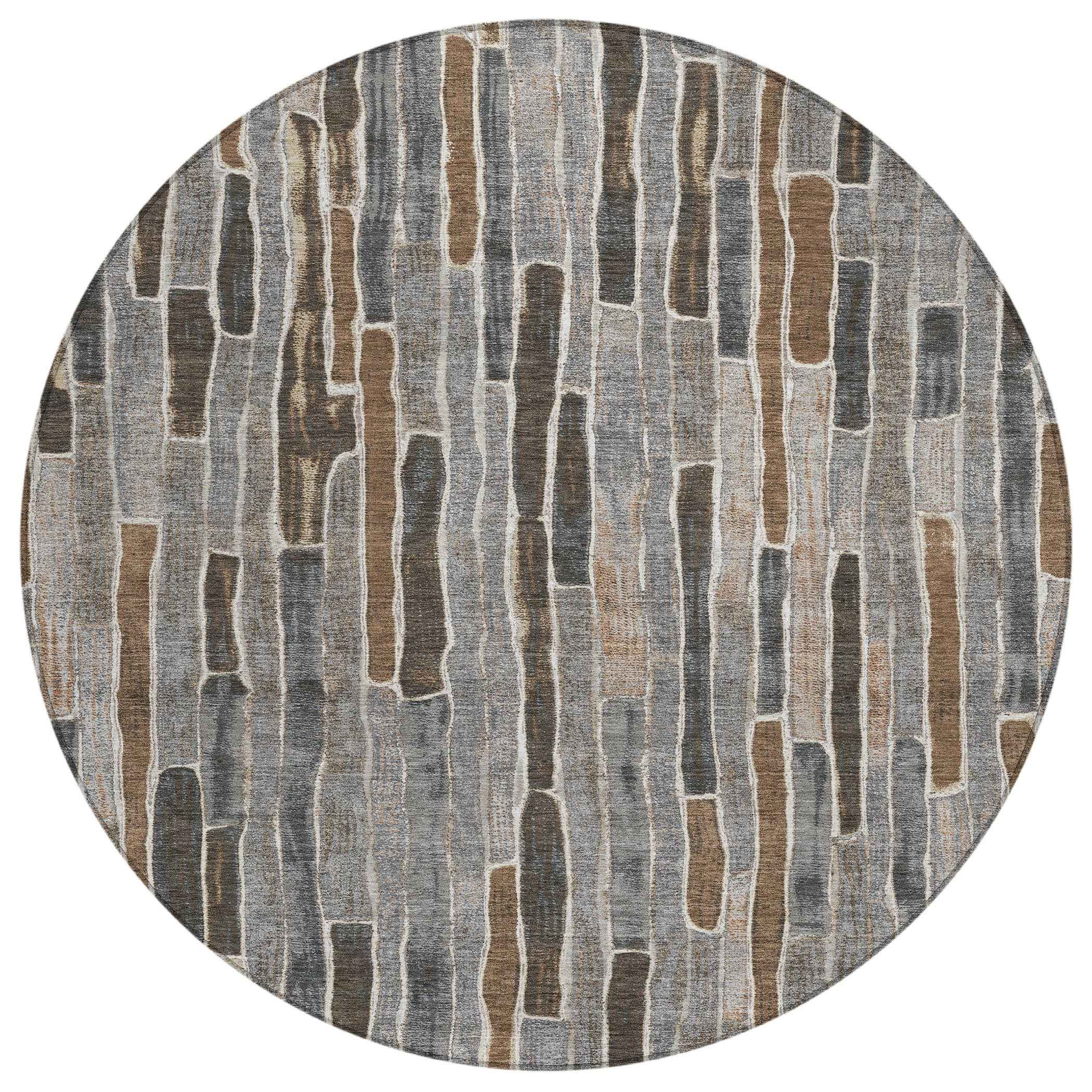 8' Pewter And Brown Round Striped Washable Indoor Outdoor Area Rug
