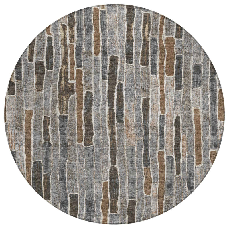 8' Pewter And Brown Round Striped Washable Indoor Outdoor Area Rug