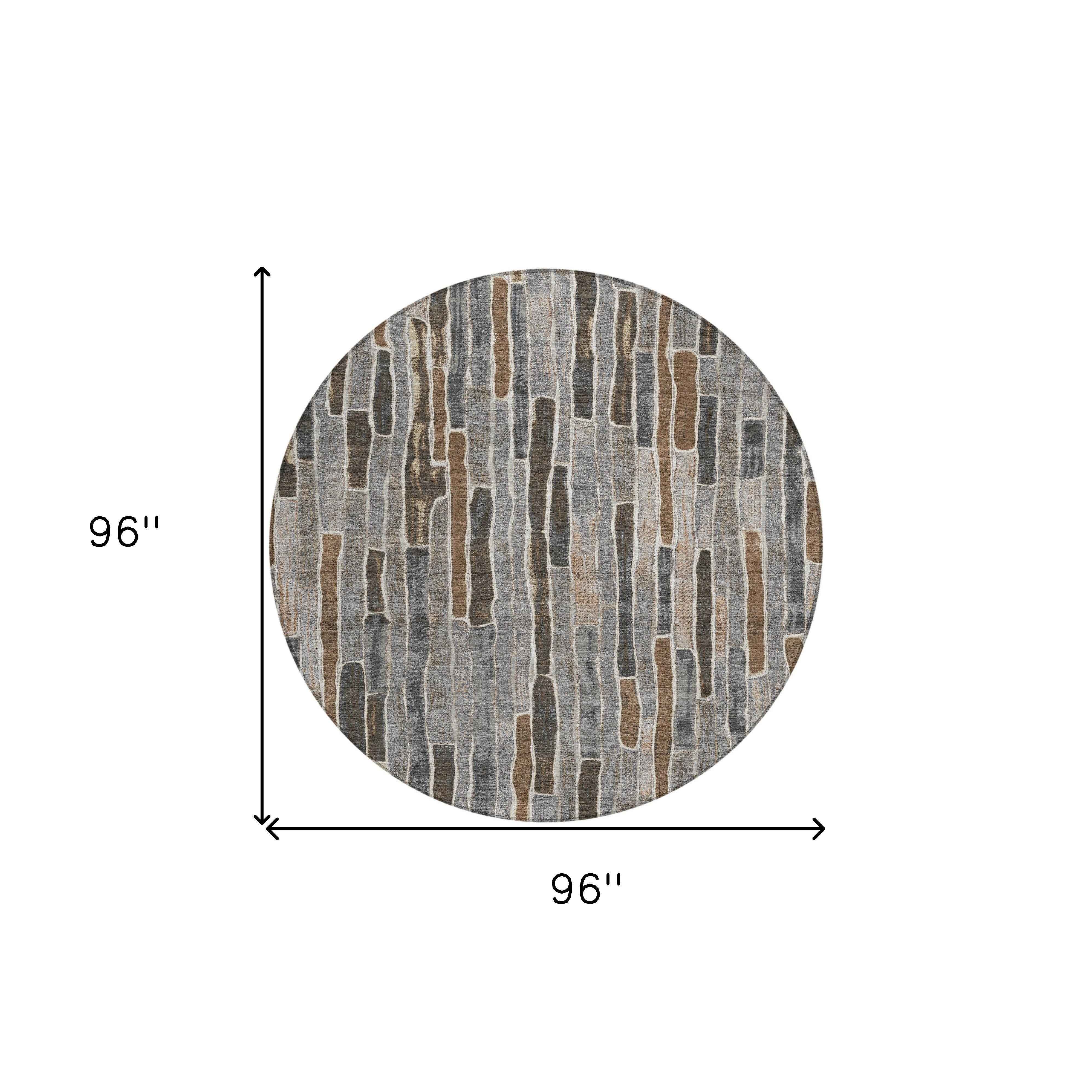 8' Pewter And Brown Round Striped Washable Indoor Outdoor Area Rug