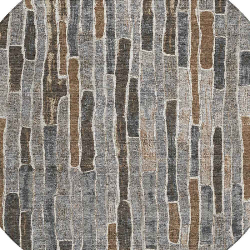 8' Pewter And Brown Round Striped Washable Indoor Outdoor Area Rug