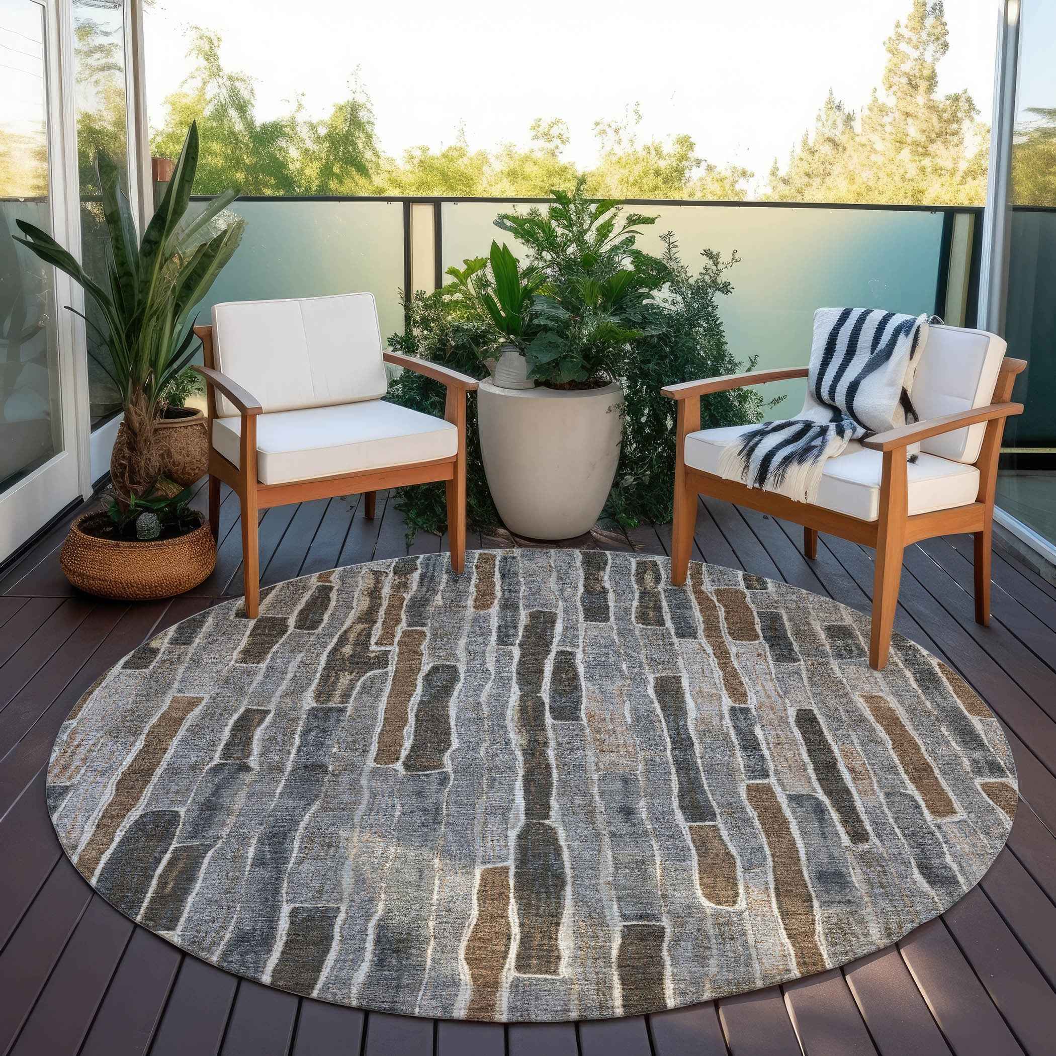 8' Pewter And Brown Round Striped Washable Indoor Outdoor Area Rug