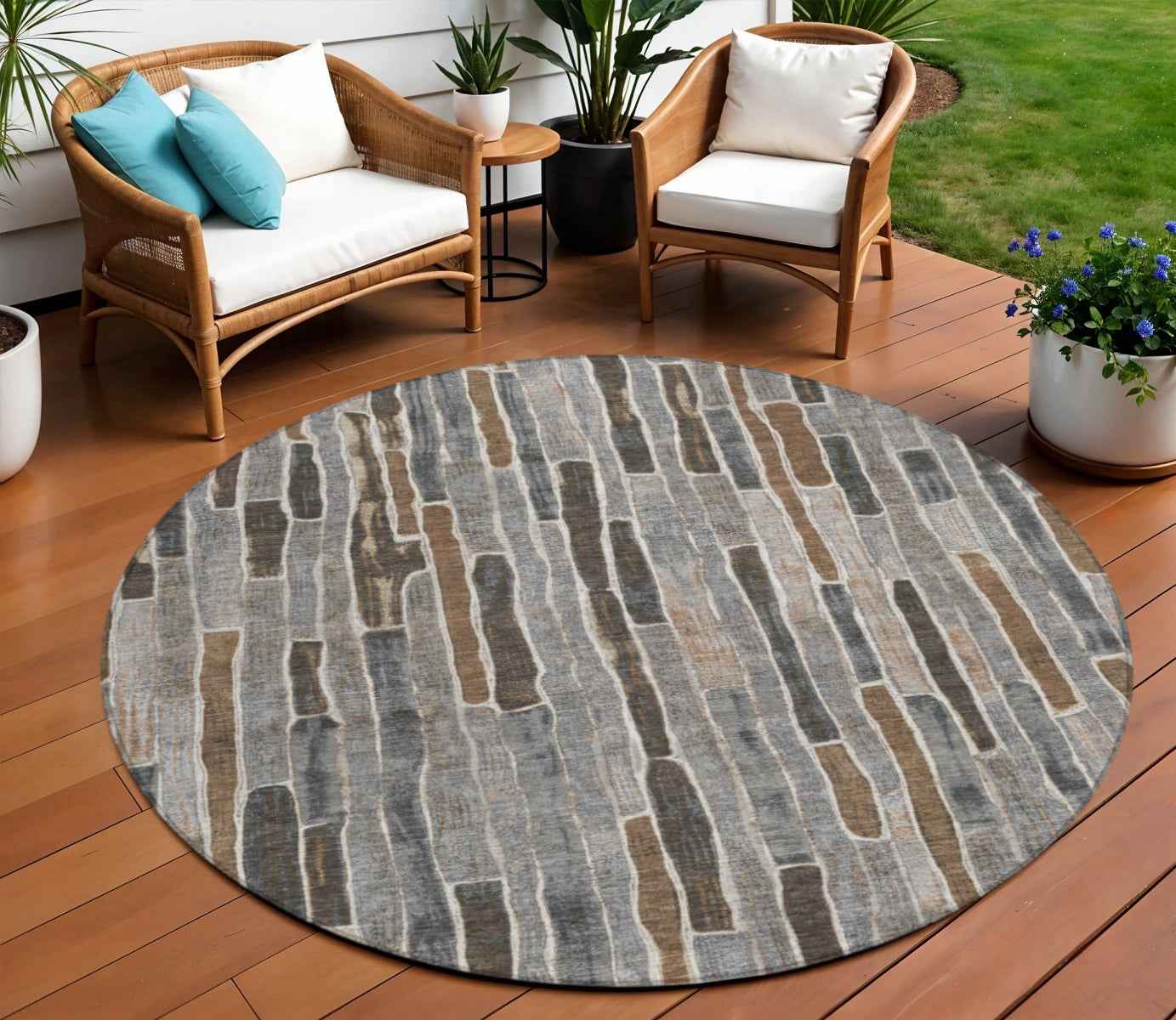 8' Pewter And Brown Round Striped Washable Indoor Outdoor Area Rug