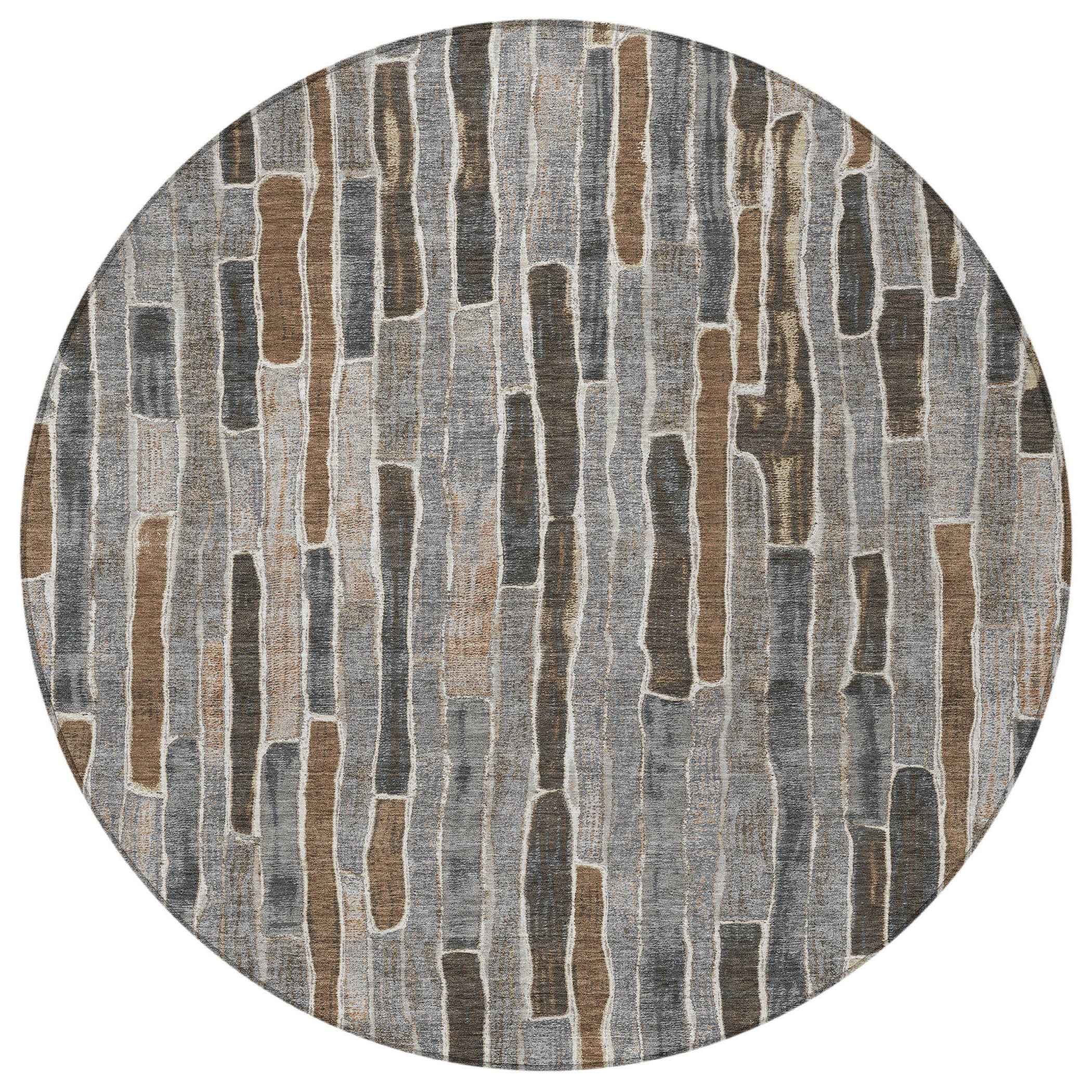 8' Pewter And Brown Round Striped Washable Indoor Outdoor Area Rug