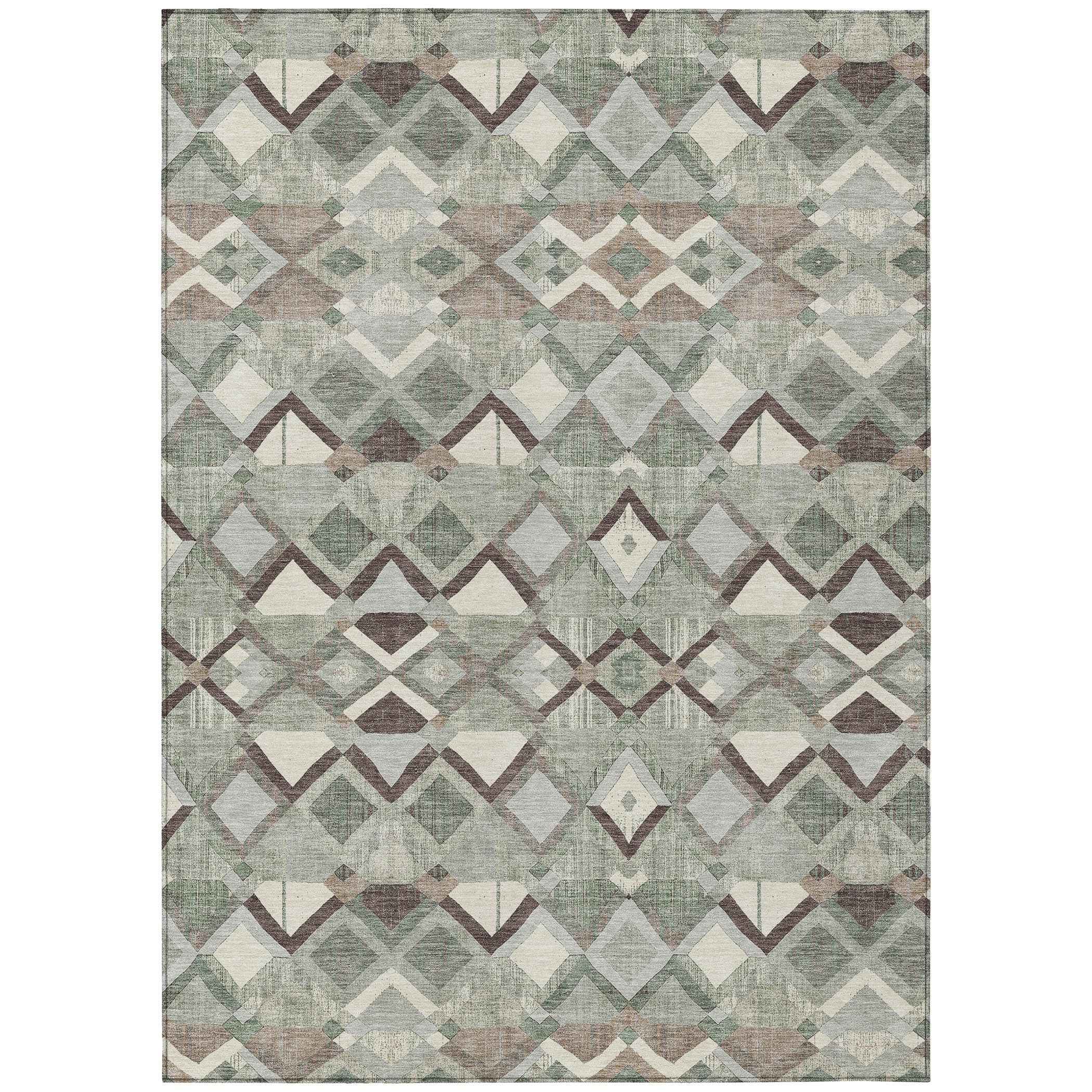 9' X 12' Sage And Off White Geometric Washable Indoor Outdoor Area Rug