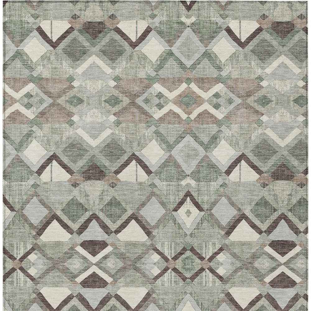 9' X 12' Sage And Off White Geometric Washable Indoor Outdoor Area Rug