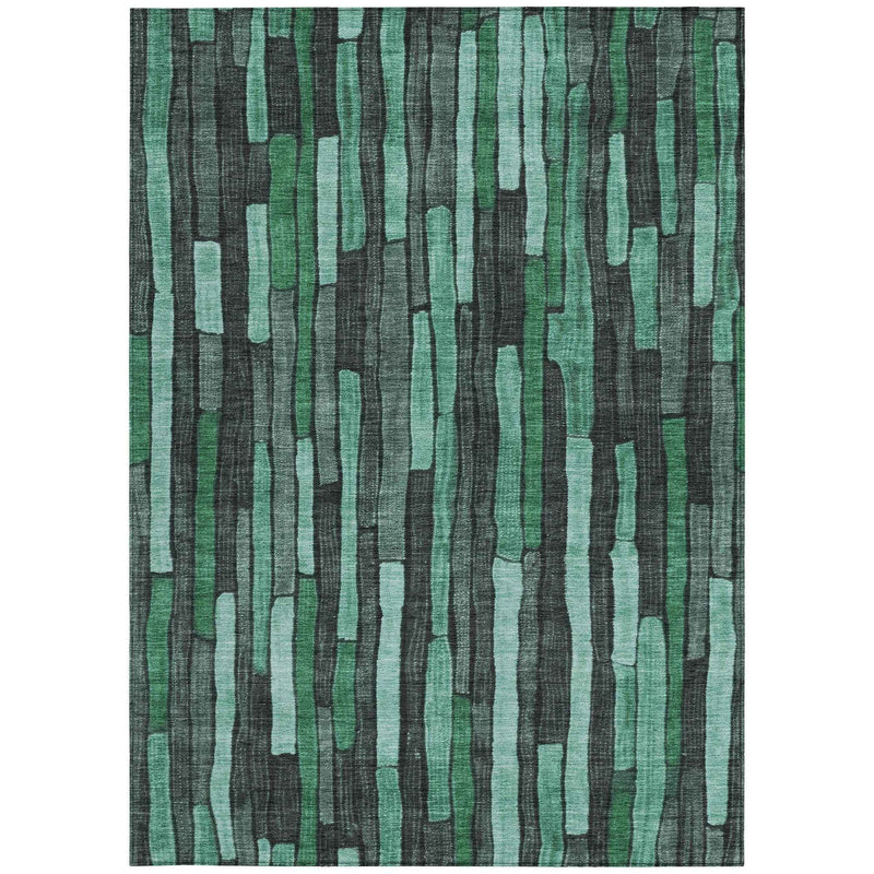 5' X 8' Sage Teal Blue And Emerald Striped Washable Indoor Outdoor Area Rug