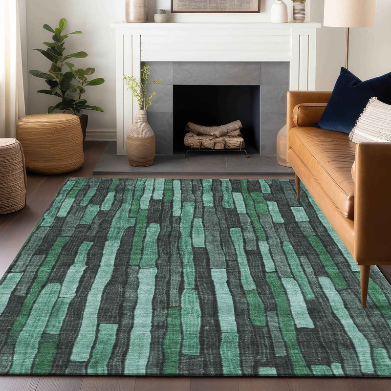 5' X 8' Sage Teal Blue And Emerald Striped Washable Indoor Outdoor Area Rug
