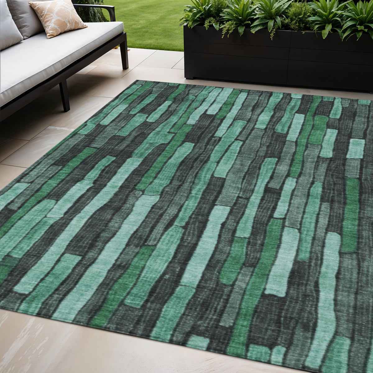 5' X 8' Sage Teal Blue And Emerald Striped Washable Indoor Outdoor Area Rug