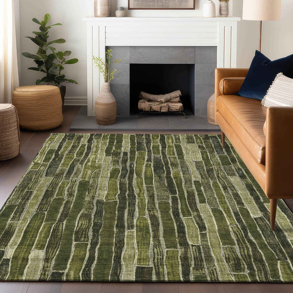 5' X 8' Olive Green And Dark Olive Green Striped Washable Indoor Outdoor Area Rug
