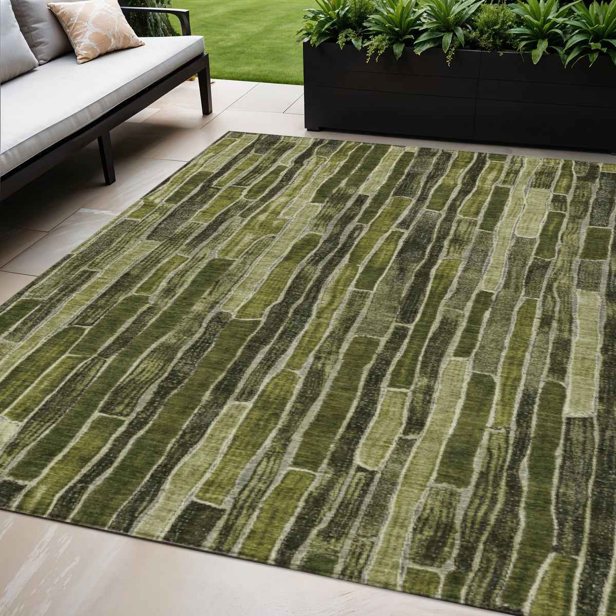 5' X 8' Olive Green And Dark Olive Green Striped Washable Indoor Outdoor Area Rug