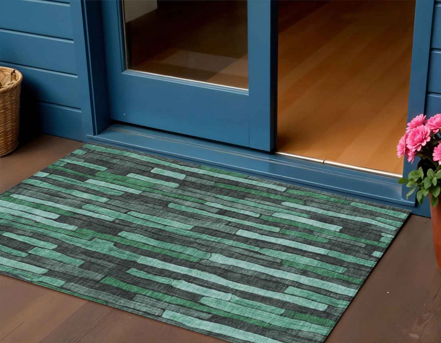 3' X 5' Sage Teal Blue And Emerald Striped Washable Indoor Outdoor Area Rug