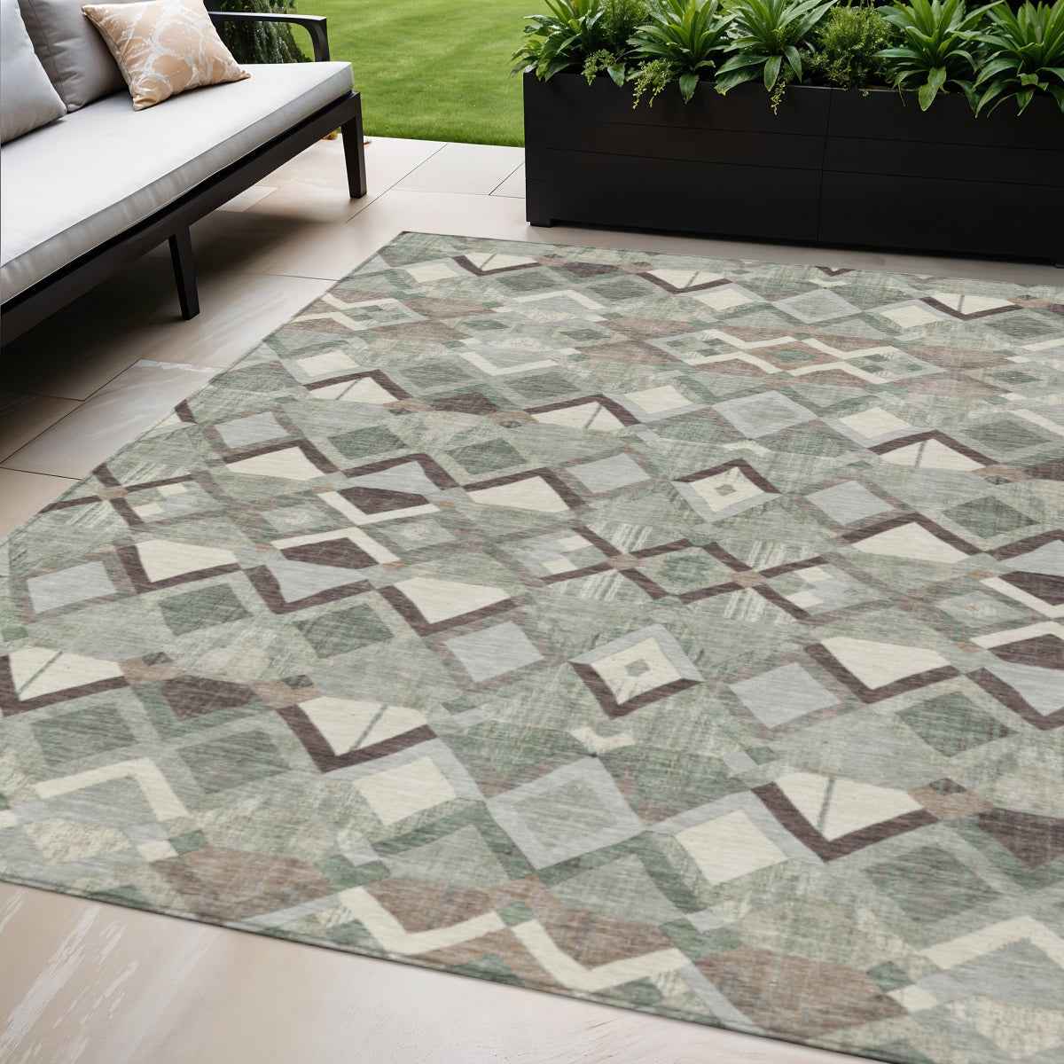 5' X 8' Sage And Off White Geometric Washable Indoor Outdoor Area Rug