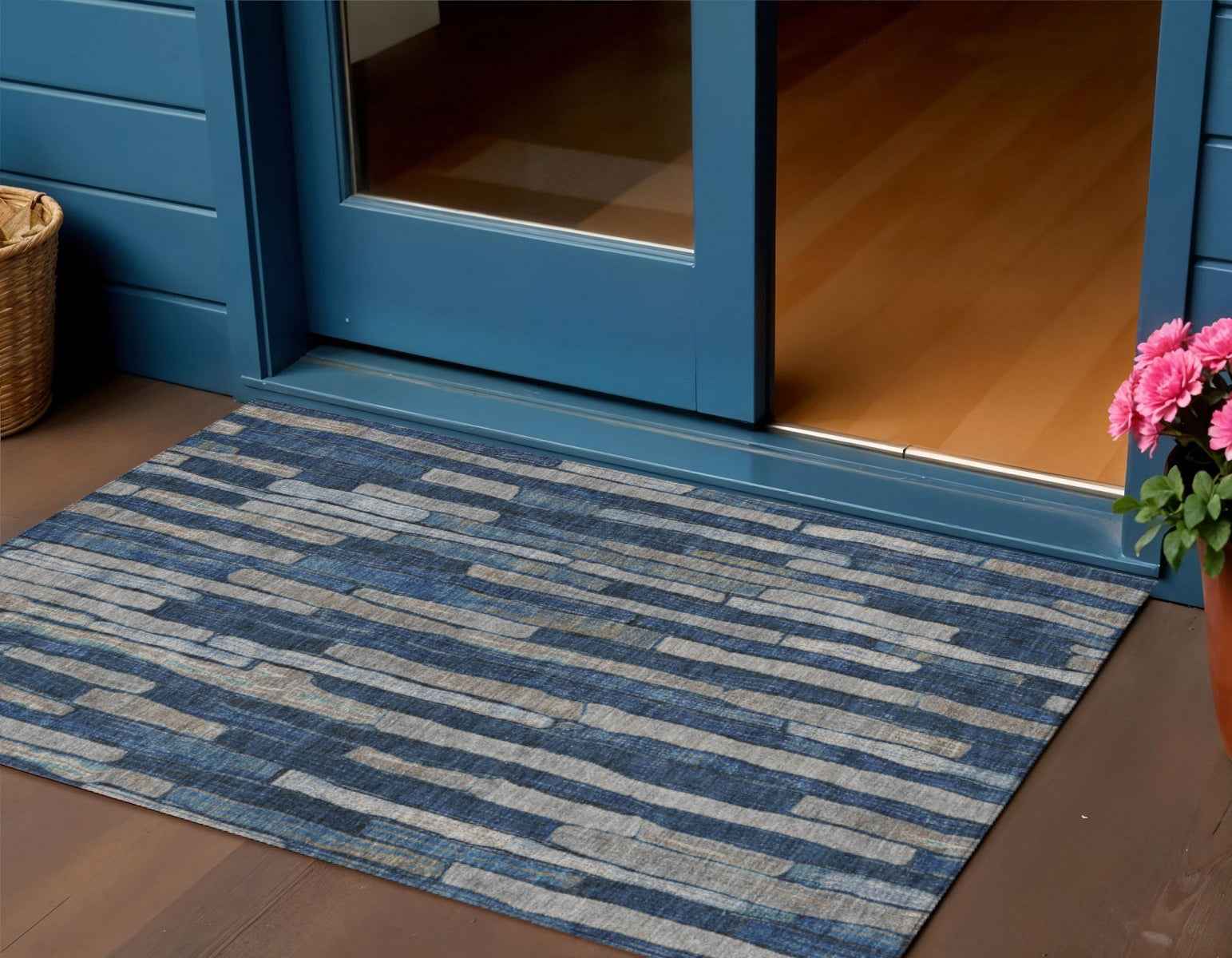 3' X 5' Navy Blue And Denim Blue Striped Washable Indoor Outdoor Area Rug